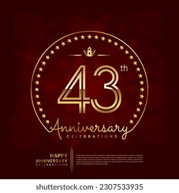 43th anniversary logo with double line number and golden text for birthday celebration event, invitation, banner poster, flyer, and greeting card, vector template