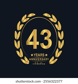 43th Years Anniversary celebration. Vector Template festive illustration Golden Color,. Birthday or wedding party event decoration.