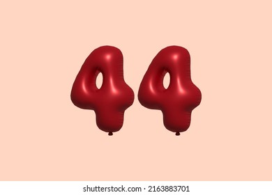 44 globo 3d número hecho de renderización 3d de globo metálico realista. Globos 3D de helio rojo para la venta decoración Fiesta Cumpleaños, Celebración de Aniversario, Fiesta de la Boda. Ilustración del vector
