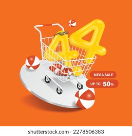 4.4 3D text float out shopping cart and below them there is promotional tag in the mega sale campaign 50% off and all on a round podium,vector for Promotion four day of four month