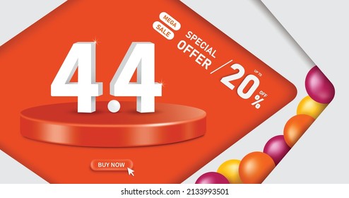 4.4 3D text placed on a round podium And on the side there is a 20% off promotional text and all object place on abstract background with a ball as a visual element for mega sale promotion design