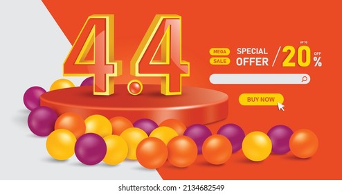 4.4 3d text placed on a round podium And on the right side there is a promotional 20% off and there are balls placed podium For media to advertise promotion of mega sale on fourth day of fourth month