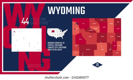 44 of 50 states of the United States, divided into counties with territory nicknames, Detailed vector Wyoming Map with name and date admitted to the Union, travel poster and postcard