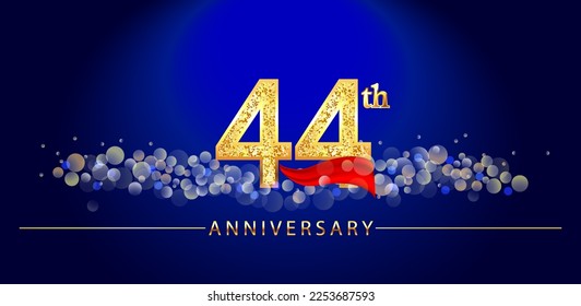 44 anniversary celebration. 44th anniversary celebration. 44 year anniversary celebration logo with glitter, confetti, red ribbon and blue background.