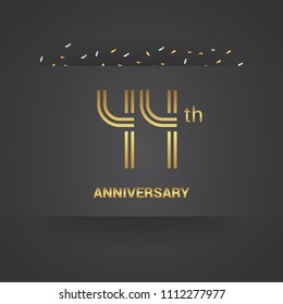 44 anniversary design for company celebration event with golden multiple line font and confetti isolated on dark grey background