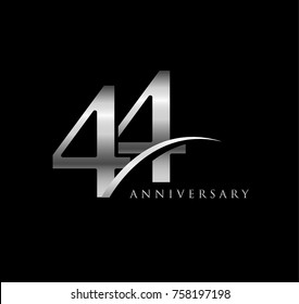 44 anniversary elegance silver logo. linked number with swoosh on black background