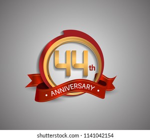 44 anniversary logotype elegant circle golden and red color red ribbon isolated on white background for use company celebration event
