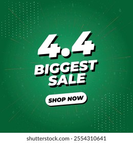 4.4 Biggest Sale 3D Vector Banner With Gradient Background Effects. Social Media Template Isolated on Gradient Green Colour. April Biggest Sale Offer, Campaign, Promotion, or Marketing Banner.