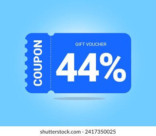 44% coupon promotion sale. Forty four percent Vector Gift Voucher. Blue discount, lucky ticket, special offer promo. Web, shopping label, percent sign. Special price offers.