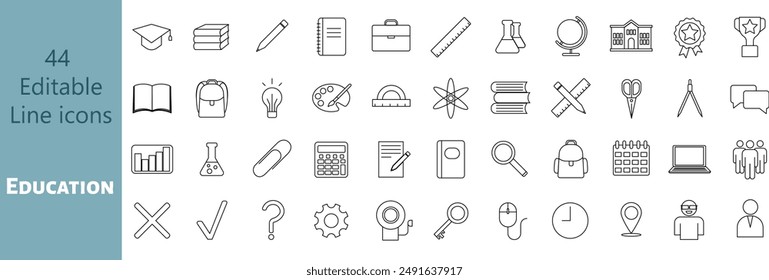 44 Editable vector Line Icons. Education. Back to school, success, academic subjects and more. Editable stroke for your own needs