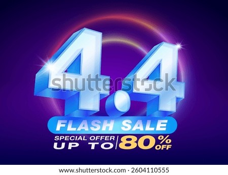 4.4 Flash Sale shopping template. 3D text number 4 on a dark background and colorful LED neon lights. Flash Sales campaign, special offers up to 80% off, design for advertising.