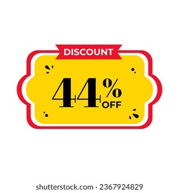 44%, forty four percent. Discount banner shape. Sale coupon. Red and yellow tag. Special offer badge. Modern concept design. Tag with offer badge. Vector