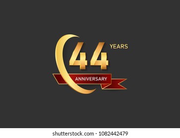 44 golden anniversary design logotype  with gold swoosh ring and red ribbon can be used  for celebration event, isolated on dark background