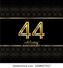 44 Golden Double Line Number. 44 Anniversary invitation cover with glitter separated by golden double lines on a black background
