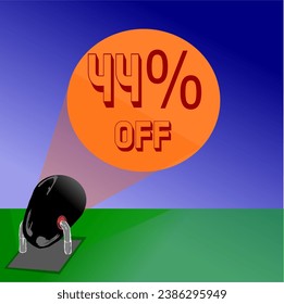 44% gray, black and red reflector iluminates promotions and discounts in the blue sky, in orange