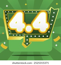 4.4 Banner Mega Sale com números em negrito em estilo neon, setas pontilhadas, fundo verde vibrante e confete. Destacando grandes descontos e ofertas emocionantes!