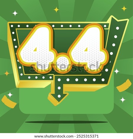 4.4 Mega Sale banner featuring bold numbers in a neon sign style, dotted arrows, vibrant green background, and confetti. Highlighting big discounts and exciting offers!