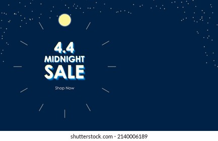 4.4 Midnight Sale Banner Template with Shop Now CTA and editable space. Midnight Clock Concept in star and dark background. For 4.4 Sales. Vector Illustration. EPS 10 File. 