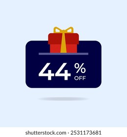44% off Gift card Discount. Forty four percent off gift box. Vector illustration. Flat icon.