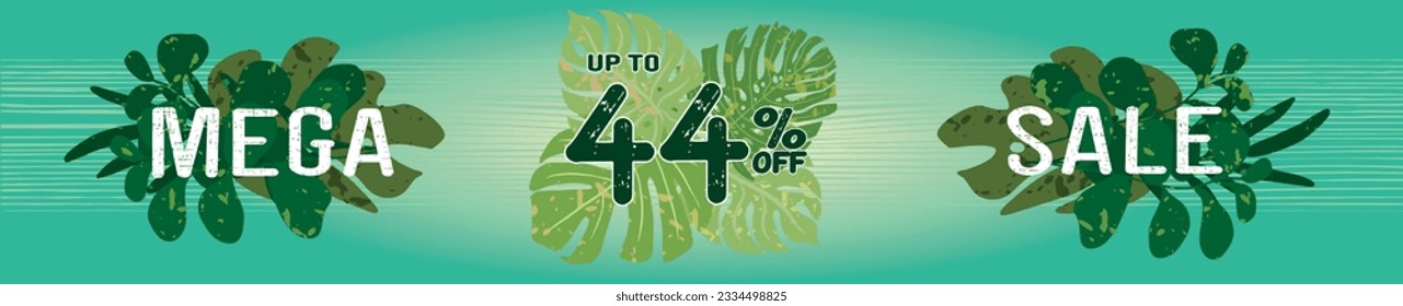 44% off. Horizontal green banner. Summer tropical leaves theme. Advertising for Mega Sale. Up to forty-four percent discount for promotions and offers.