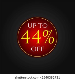 44% de desconto. Tag de desconto vermelho e amarelo. Promoções de marketing, vendas comerciais. Design vetorial. Quarenta e quatro por cento de desconto.