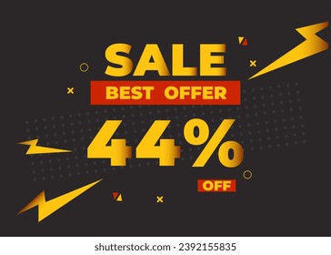 44% off sale best offer. Sale banner with forty four percent of discount, coupon or voucher vector illustration. Yellow and red template for campaign or promotion.