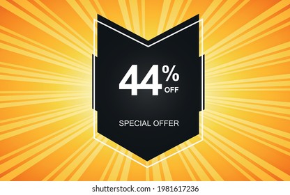 44% off. Yellow banner with forty-four percent discount on a black balloon for mega offers.


