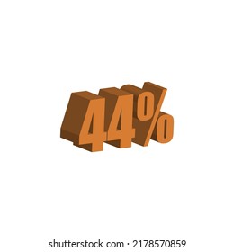 44 percent 3D orange text. 44% 3D text on white background. Forty-four percent Special offer, discount and percentage tag vector