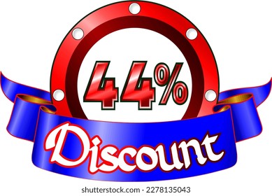 44% de descuento, disco rojo y cinta azul, ilustración vectorial para mayorista y minorista, arte ilustrativo, hermosa ilustración porcentual, banner vector. ¡Dios es bueno!