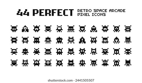 44 Pixel art icons set of Retro Space Arcade Game. Simple Pixel UFO aliens, monsters, spaceships retro video game collection. Perfect Pixel Art black silhuette icons set - vector pixel graphics 