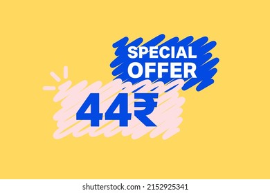 44 Rupee OFF Sale Discount banner shape template. Super Sale 44 Indian rupee Special offer badge end of the season sale coupon bubble icon. Discount offer price tag vector illustration.