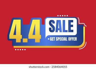 4.4 Sale Banner Design with Bold Typography, Blue and Yellow Gradient Text, and Red Background for Special Discounts and Promotions