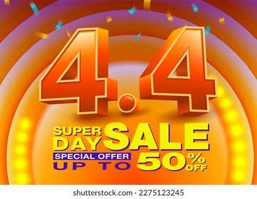 4.4 Cartel o cartel del día de la venta con texto 3D número 4 sobre fondo naranja amarillo. La campaña especial ofrece descuentos de hasta el 50% en los medios sociales y diseños para compras en línea.