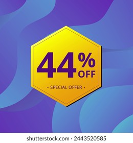 44% Sale and Discount Label. Forty four percent Sale Discount label Geometric design. Abstract Blue and Yellow Hexagon. Vector illustration.