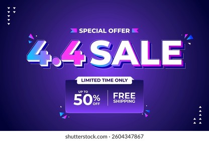 4.4 sale promo banner with discount offer. 4.4 shopping festival super sale banner. Flash sale special offer banner for social media post or website banner. Special offer sale 50% off campaign