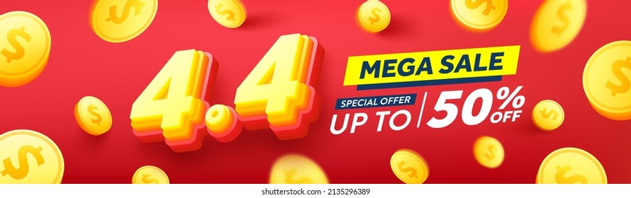 4.4 Shopping day Poster or banner with coins on red background.Sales banner template design for social media and website.April 4 Special Offer Sale 50% Off campaign or promotion.