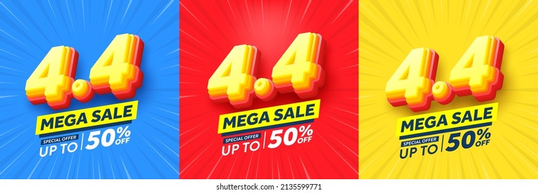 4.4 Shopping day Poster or banner on blue,red and yellow background.Sales banner template design for social media and website.April 4 Special Offer Sale 50% Off campaign or promotion.