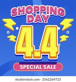 4.4 Shopping Day Special Sale Banner with Lightning Elements on Blue Background