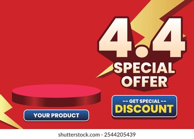 4.4 Special Offer sale banner with a red background, featuring a product display stage, lightning accents, and a ‘Get Special Discount’ button.
