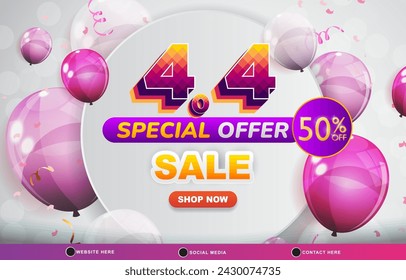 4.4 special offer sale discount template banner with blank space for product sale with abstract gradient purple and white background design