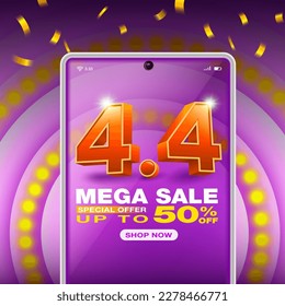 4.4 Special promotion, 50% discount at the beginning of the year with Number two 3D text on Spotlight LED purpel background. Campaign Special Offer. Design for Ads, social media, Shopping online.