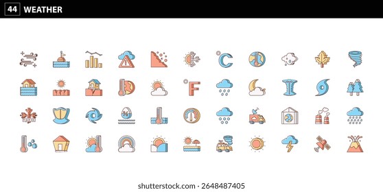 44 Weather Icons: Comprehensive Visuals for Climate, Forecast, Natural Phenomena, and Environmental Conditions