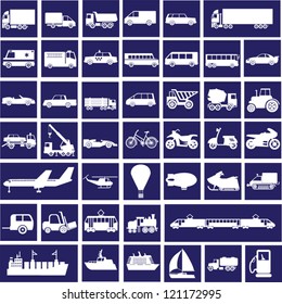 44 white images of transport on a dark blue background