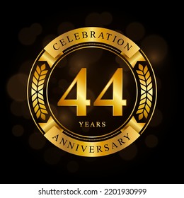 44 Year Anniversary celebration template design, with shiny ring and gold ribbon, laurel wreath isolated on black background, logo vector