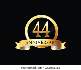 44 Year Anniversary celebration Vector Design with ring and ribbon. 44th Anniversary celebration. Gold Luxury Banner of 44th Anniversary celebration. forty-four celebration card. Vector anniversary