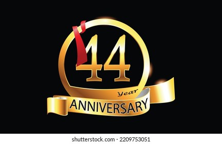 44 Year Anniversary celebration Vector Design with ring and red ribbon. 44th Anniversary celebration. Gold Luxury Banner of 44th Anniversary celebration. forty-fourth celebration card. 