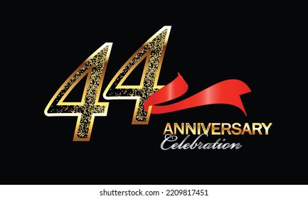 44 Year Anniversary celebration Vector Design with red ribbon and glitter. 44th Anniversary celebration. Gold Luxury Banner of 44th Anniversary. forty-fourth celebration card