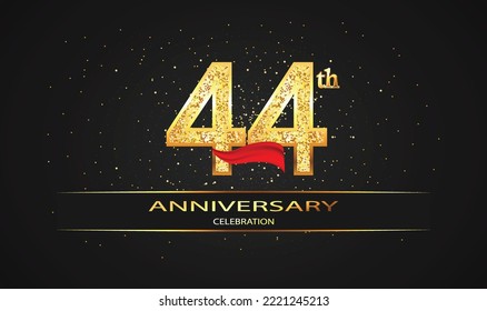 44 Year Anniversary celebration Vector Design with red ribbon and glitter. 44th Anniversary celebration. Gold Luxury Banner of 44th Anniversary. celebration card