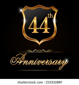 44 year anniversary golden label, 44th anniversary decorative golden emblem - vector illustration 