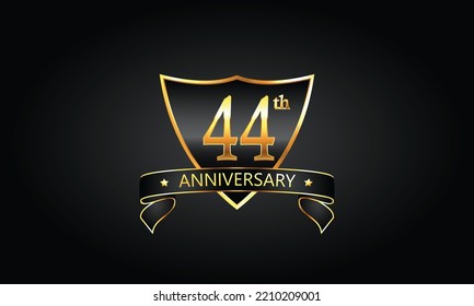 44 year anniversary logo with golden shield and ribbon. Dark concept anniversary. 44th Anniversary celebration background. Forty-fourth anniversary banner vector